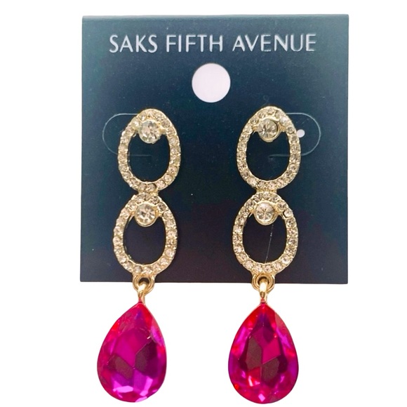 Saks Fifth Avenue Jewelry - Saks Fifth Avenue Gold Plated & Pink Crystal Teardrop Costume Jewelry Earrings